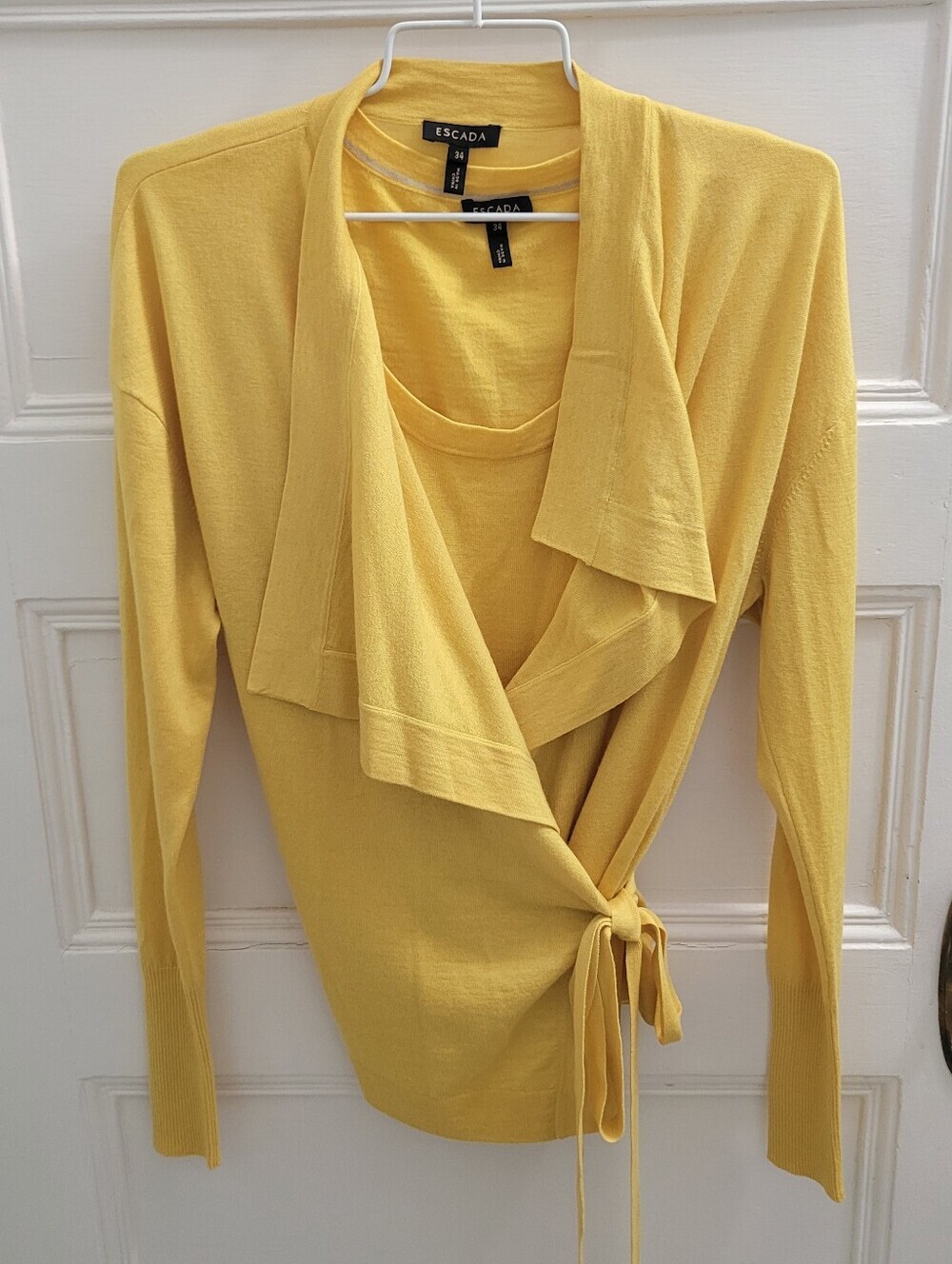 Escada Silk Cashmere Twin Set XS/S EU 34 Yellow Wrap Cardigan & Shell Tank Luxe